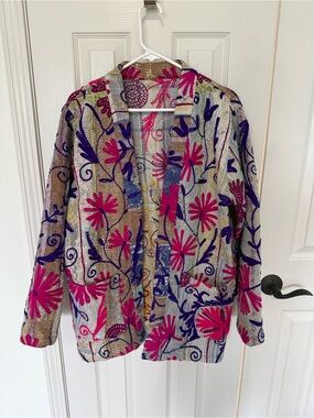 Vibrant Floral Suzani Kantha Coat with Pink & Purple Floral Embroidery